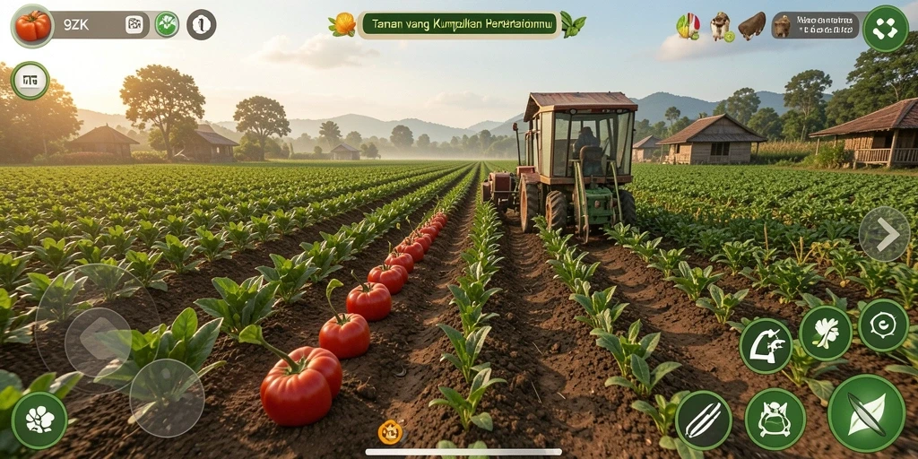 Tampilan gameplay 9ZK menampilkan ladang yang subur dan aktivitas bertani.