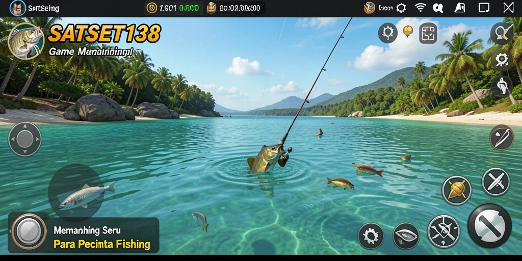 Tampilan gameplay memancing seru di SATSET138 dengan suasana yang menenangkan.